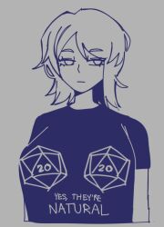 1girl arms_at_sides black_shirt breasts colored_skin cropped_arms cropped_torso crossed_bangs curvy d20_(die) dice english_text expressionless eyelashes faust_(project_moon) fluffy_hair grey_background greyscale hair_between_eyes huge_breasts icosahedron limbus_company looking_at_viewer medium_hair messy_hair monochrome neck numbered pale_skin plump polyhedral_dice project_moon shirt shirt_overhang sidelocks simple_background solo udonoki white_eyes white_hair white_skin