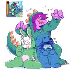 1boy 1girl 1other animal_costume animal_ears blue_skin bone bone_in_mouth claws colored_skin deltarune dog_costume furry furry_female furry_male goat_boy goat_ears green-framed_eyewear highres kris_(deltarune) lluminousllama purple_skin rabbit_costume rabbit_ears ralsei reference_inset reptile_girl sharp_teeth simple_background smile susie_(deltarune) teeth white_fur