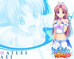 10s 1girl antenna_hair aoi_matsuri belt character_name choker copyright_name female_focus hair_ornament koutaro long_hair midriff navel purple_eyes purple_hair ribbon skirt solo tropical_kiss waitress