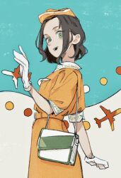 Rule 34 | 1girl, aircraft, airplane, arm at side, bag, belt, black hair, blue background, cowboy shot, dress, flight attendant, forehead, from side, gloves, green eyes, hand up, handbag, hat, highres, idolmaster, idolmaster cinderella girls, imay3927, open mouth, orange belt, orange dress, orange hat, pillbox hat, short hair, short sleeves, smile, solo, soma natsumi, standing, travel attendant, two-tone background, waving, white background, white gloves