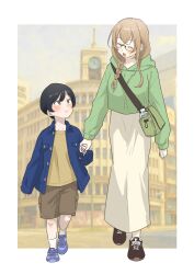Rule 34 | :d, absurdres, age difference, bag, black hair, blue jacket, blue shoes, blush, braid, brown hair, brown shorts, glasses, green hoodie, handbag, highres, holding hands, hood, hood down, hoodie, jacket, long skirt, looking at another, momoji (momoemomoe204), open clothes, open jacket, open mouth, original, outdoors, photo background, shoes, short hair, shorts, skirt, smile, sneakers, socks, walking, white socks