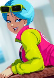 1girl arms_on_table blue_eyes blue_hair blurry blurry_background breasts bulma dragon_ball dragon_ball_super dragon_ball_super_broly earrings eyewear_on_head green_jacket green_sleeves hair_between_eyes hands_on_table jacket jewelry large_breasts lipstick looking_back makeup mature_female multicolored_jacket open_clothes open_jacket pink_jacket pink_lips seductive_smile short_hair smile tovio_rogers two-tone_jacket