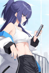 1girl absurdres bare_shoulders black_pants blue_archive breasts collarbone crop_top highres isocha jacket long_hair navel pants phone ponytail purple_eyes purple_hair small_breasts solo sports_bra standing stomach very_long_hair yuuka_(blue_archive)