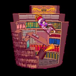 1girl animated animated_gif barefoot blue_bow book bookshelf bow chair chibi dress expressionless floating hat holding holding_book horn_(instrument) library lowres midair mob_cap musical_note patchouli_knowledge pixel_art purple_dress purple_eyes purple_hair red_bow solo table tougenkyo_momo touhou transparent_background