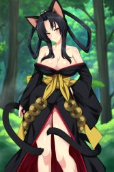 1girl animal_ears bare_shoulders black_hair black_kimono blurry blurry_background breasts cat_ears cat_girl cat_tail cleavage closed_mouth collarbone commentary contrapposto day english_commentary female_focus forest hair_rings hand_on_own_hip high_school_dxd highres japanese_clothes kimono kuroka_(high_school_dxd) large_breasts lindaroze long_hair long_sleeves looking_at_viewer multiple_tails nature obi outdoors sash slit_pupils smile solo standing tail thighs tree two_tails wide_sleeves yellow_eyes