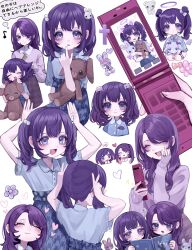 2girls :&lt; :3 :d ^_^ adjusting_another&#039;s_hair aegyo_sal aged_down animal_ears arms_up asahina_mafuyu asahina_mafuyu&#039;s_mother bead_bracelet beads blue_bow blue_shirt blue_skirt blush bow bracelet breasts brown_skirt brushing_hair buttons cellphone child cleavage closed_eyes collared_shirt comb commentary_request cross double_v finger_to_own_chin fingernails flip_phone flower frilled_sleeves frills hair_bobbles hair_bow hair_ornament halo happy heart heart_in_eye high-waist_skirt highres holding holding_comb holding_phone holding_stuffed_toy index_finger_raised jewelry jishou_210 kemonomimi_mode long_hair long_sleeves looking_at_another looking_at_viewer medium_hair mini_wings mother_and_daughter multiple_girls multiple_views musical_note open_mouth phone project_sekai puffy_long_sleeves puffy_sleeves purple_eyes purple_flower purple_hair purple_halo purple_sweater rabbit_ears rabbit_hair_ornament shirt shirt_tucked_in short_sleeves simple_background single_wing skirt smile speech_bubble spoken_blush stuffed_animal stuffed_rabbit stuffed_toy sweater sweater_tucked_in symbol_in_eye thought_bubble tongue translation_request twintails upper_body v white_background white_wings wings