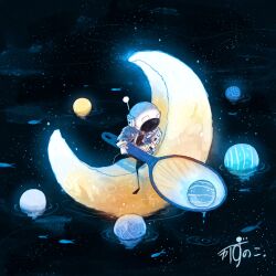 1other absurdres artist_name commentary crescent_moon fish full_body gloves glowing goldfish_scooping helmet highres holding kazunoko_(kazunoko_zunoco) mini_person moon on_crescent original other_focus planet poi_(goldfish_scoop) radio_antenna signature sitting solo space_helmet water white_gloves