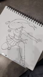 Rule 34 | 1girl, artist request, bare shoulders, belt, boots, braces, breasts, clenched hand, elbow gloves, facebook username, fighting stance, final fantasy, final fantasy vii, final fantasy vii remake, gloves, highres, ink, lineart, long hair, looking at another, looking to the side, medium breasts, midriff, miniskirt, navel, photo (medium), sidelocks, simple background, sketchbook, skirt, solo, tank top, thighhighs, tifa lockhart, traditional media, white background