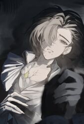 1girl cracked_skin dark_background dying greta_hofmann grey_hair hair_over_one_eye heart heart_hands highres looking_at_viewer parted_lips pov pov_hands reverse:1999 shirt solo_focus upper_body white_shirt wilson_(wilson1151487) yellow_eyes