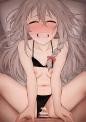 bar_censor bare_shoulders bikini bikini_bottom_aside bikini_top_aside black_bikini blush bow bowtie braid breasts censored clenched_teeth closed_eyes clothing_aside collarbone erection female_pubic_hair gobi_(jtnyrwbkohiqsuldg) grey_hair hair_bow highres hoshi_syoko idolmaster idolmaster_cinderella_girls long_hair lying male_pubic_hair messy_hair midriff missionary navel nipples no nose_blush nude on_back open_mouth penis pov pubic_hair pussy pussy_juice red_bow red_bowtie saliva saliva_trail sex sharp_teeth small_breasts spread_legs stomach sweat sweatdrop swimsuit swimsuit_aside teeth vaginal