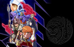 amuro_ray black_hair blue_eyeshadow brown_eyes brown_hair brown_shirt dark-skinned_male dark_skin eyeshadow facepaint feathers glowing glowing_eyes green_eyes grey_cloak gundam helmet highres holding holding_polearm holding_weapon jutta_qasim key_visual looking_up makeup mecha mecha_pilot_suit military military_uniform mineva_lao_zabi moon_gundam moon_gundam_(mobile_suit) normal_suit_(gundam) official_art pilot_suit polearm promotional_art psycho_plates rinato_light robot sandals sarasa_moon science_fiction shirt space spear squatting v-fin weapon