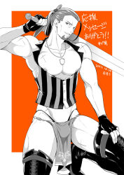 Rule 34 | 1boy, 2023, alternate costume, arm up, boots, border, bulge, collarbone, commentary request, cross scar, dated, dragon quest, dragon quest xi, facial hair, fingerless gloves, gloves, greig (dq11), greyscale with colored background, hand on own thigh, high heel boots, high heels, holding, holding sword, holding weapon, jewelry, looking to the side, male focus, muscular, muscular male, nipples, nodosabu, orange background, parted lips, pelvic curtain, pendant, ponytail, scar, scar on chest, scar on shoulder, single bang, solo, squatting, striped clothes, striped vest, sword, thigh boots, thong, translation request, vertical-striped clothes, vertical-striped vest, vest, weapon, white border