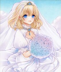 Rule 34 | 1girl, absurdres, alice margatroid, alternate costume, blonde hair, blue eyes, blue flower, bouquet, breasts, bridal veil, cleavage, collarbone, commentary request, dress, earrings, flower, highres, holding, holding bouquet, hydrangea, jewelry, long hair, looking at viewer, marker (medium), open mouth, puffy short sleeves, puffy sleeves, short sleeves, smile, solo, tiara, touhou, traditional media, veil, wedding dress, white dress, yuuki hana (jtnp5334)