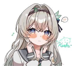 1girl blue_pupils blue_ribbon blush blush_stickers bow bowtie brown_hairband closed_mouth firefly_(honkai:_star_rail) firefly_(spring_missive)_(honkai:_star_rail) gradient_eyes green_bow green_bowtie grey_hair grey_sailor_collar grey_sleeve_cuffs hair_between_eyes hair_intakes hair_ornament hair_ribbon hairband hand_in_own_hair honkai:_star_rail honkai_(series) kotohaneko_0307 long_sleeves multicolored_eyes ribbon sailor_collar signature simple_background smile solo white_background white_sleeves