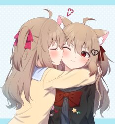 2girls absurdres ahoge animal_ears arms_around_neck black_cardigan black_sailor_collar black_shirt blue_background blue_sailor_collar blush bow bowtie broken_heart broken_heart_hair_ornament brown_hair buttons cardigan cat_ears chahanramen closed_eyes closed_mouth commission couple dress_shirt evil_neuro-sama facing_another from_side hair_between_eyes hair_bow hair_ornament hair_ribbon happy heart heart_button heart_hair_ornament highres hug implied_incest kiss kissing_cheek long_hair long_sleeves looking_at_another multiple_girls neuro-sama one_eye_closed open_cardigan open_clothes osu! outside_border pink_bow red_bow red_bowtie red_eyes red_ribbon ribbon sailor_collar second-party_source shirt siblings sisters smile star_button turtle_button twins two_side_up upper_body vedal_ai virtual_youtuber yellow_cardigan yuri
