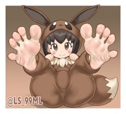 1girl artist_name barefoot blush_stickers brown_eyes brown_hair clenched_hands closed_mouth cosplay eevee eevee_(cosplay) feet feet_up female_focus foot_focus foreshortening full_body gen_1_pokemon kigurumi loli looking_at_viewer lying nintendo on_back onesie paid_reward_available poke_kid_(pokemon) pokemon pokemon_swsh short_hair smile soles solo thighs toes tsukimaru_(ls_99ml) twitter_username