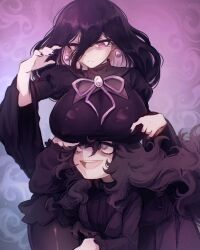 2girls @_@ absurdres blairevt breasts dress hex_maniac_(pokemon) hex_maniac_(pokemon_legends:_z-a) highres large_breasts long_hair long_sleeves messy_hair multiple_girls nail_polish nintendo pokemon pokemon_legends:_z-a pokemon_xy puffy_long_sleeves puffy_sleeves purple_background purple_eyes smile wide_sleeves