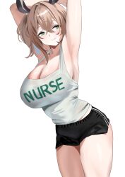 1girl alternate_costume armpits breasts brown_hair casual cleavage closed_mouth dolphin_shorts green_eyes hair_between_eyes highres indie_virtual_youtuber large_breasts nimi_nightmare one_side_up redi_(rasec_asdjh) revision shorts simple_background solo tank_top thighs virtual_youtuber white_background white_tank_top