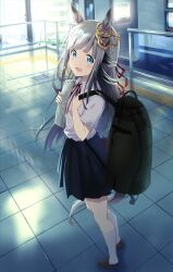 1girl alternate_costume animal_ears bag blue_eyes blunt_bangs blush breasts casual chrono_genesis_(umamusume) full_body grey_hair hair_between_eyes hair_ornament highres horse_ears horse_girl horse_tail long_hair looking_at_viewer murasaki_himuro neck_ribbon paper ribbon small_breasts solo standing tail umamusume