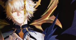 1boy alternate_form black_background black_shirt blonde_hair cracked_skin dripping hair_between_eyes halo halo_behind_head hashtag-only_commentary highres honkai:_star_rail honkai_(series) looking_at_viewer male_focus material_growth parted_lips phainon_(honkai:_star_rail) shirt short_hair simple_background solo srro_yo torn_clothes torn_shirt yellow_blood yellow_eyes