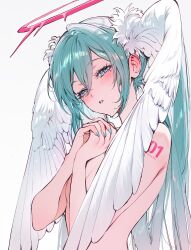 1girl absurdres angel_wings aqua_hair aqua_nails arm_tattoo blush commentary_request completely_nude crying crying_with_eyes_open ear_blush feathered_wings halo hatsune_miku head_wings highres long_hair looking_at_viewer nail_polish nude number_tattoo open_mouth own_hands_clasped own_hands_together parted_lips qiandaiyiyu sidelocks simple_background solo tattoo tears twintails upper_body very_long_hair vocaloid white_background wings