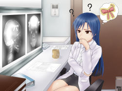 1girl ? amami_haruka artist_name bad_id bad_pixiv_id black_skirt blue_hair bow brown_eyes cup doctor female_focus hair_ribbon hand_to_own_mouth highres idolmaster idolmaster_(classic) indoors kisaragi_chihaya lab_coat long_hair mikidar miniskirt mug nonowa ribbon shirt sitting skirt skull solo speech_bubble spoken_object thought_bubble white_shirt x-ray x-ray_film