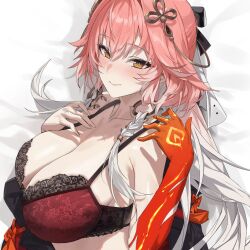Rule 34 | 1girl, absurdres, bankongping, bare shoulders, black bow, blush, body markings, bow, bra, braid, breasts, bright pupils, changli (wuthering waves), cleavage, closed mouth, collarbone, colored extremities, commentary request, cropped, hair between eyes, hair bow, hair extensions, hair ornament, hand up, highres, large breasts, looking at viewer, multicolored hair, orange eyes, pink hair, red bra, red hands, ring hair extensions, second-party source, smile, solo, twin braids, two-tone hair, underwear, upper body, white hair, white pupils, wuthering waves