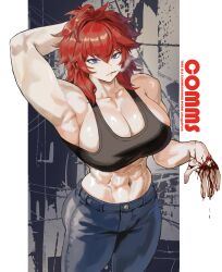 Rule 34 | 1girl, abs, absurdres, ahoge, arm up, armpits, bare arms, bare shoulders, black sports bra, blood, blood on hands, blue eyes, blue pants, borrowed character, breasts, cigarette, cleavage, commission, cowboy shot, denim, english text, hair between eyes, hand on own head, highres, jeans, large breasts, limp wrist, long hair, looking at viewer, muscular, muscular female, navel, original, pants, park ongjol, red hair, smoke, smoking, solo, sports bra, standing, stomach, tatsugami reiko (conceited raven), tsurime, twitter username