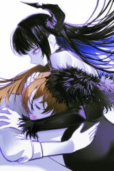2girls absurdres black_dress black_hair blue_hair brown_hair colored_inner_hair demon_horns dress hand_on_another&#039;s_arm hand_on_another&#039;s_head highres hololive hololive_english horns hug long_hair multicolored_hair multiple_girls nanashi_mumei nerissa_ravencroft pungson_mori purple_eyes shirt sleeping streaked_hair two-tone_hair virtual_youtuber white_background white_hair white_shirt