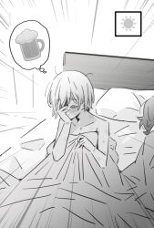 2girls aftersex alcohol beer beer_mug blush closed_eyes closed_mouth commentary cup ebizuka_tomo girls_band_cry hashtag-only_commentary highres lwmina70119 mug multiple_girls nude on_bed pillow rupa_(girls_band_cry) short_hair speech_bubble sweatdrop thought_bubble under_covers yuri