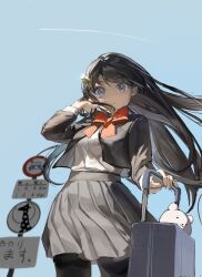 1girl absurdres black_hair blue_eyes blue_sky blurry blurry_background bow bowtie chinese_commentary commentary_request contrail cowboy_shot day floating_hair from_below giraffe_(revue_starlight) glint grey_jacket grey_skirt hair_ornament hand_in_own_hair hands_up high-waist_skirt highres jacket kagura_hikari kuliukunkunkunkunkunkunkun long_hair long_sleeves looking_at_viewer looking_down miniskirt open_clothes open_jacket outdoors pantyhose parted_lips pleated_skirt red_bow red_bowtie road_sign school_uniform seishou_music_academy_uniform shirt shirt_tucked_in shoujo_kageki_revue_starlight sign skirt sky solo sparkle_hair_ornament standing stuffed_animal stuffed_toy suitcase teddy_bear very_long_hair white_shirt