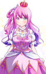 1girl bow candy_hair_ornament crescent crescent_earrings crescent_necklace crown detached_collar dress earrings food-themed_hair_ornament frilled_dress frills gradient_hair green_eyes hair_ornament heterochromia highres himemori_luna himemori_luna_(1st_costume) hololive jewelry long_hair multicolored_hair necklace o3o off-shoulder_dress off_shoulder pink_bow pink_dress pink_hair pink_skirt puffy_short_sleeves puffy_sleeves purple_eyes purple_hair rabusenn red_crown short_sleeves simple_background skirt solo standing star_(symbol) star_necklace virtual_youtuber wavy_hair white_background
