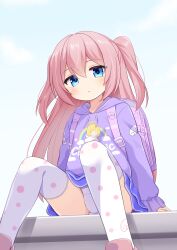 1boy absurdres angel backpack bag blue_skirt bulge cloud commission crossdressing crossdressing_(mtf) halo highres hood hoodie long_hair male_focus miniskirt mogura2009 original panties pink_hair purple_hoodie rainbow second-party_source skeb_commission skirt sky solo thighhighs tiered_skirt trap twintails underwear very_long_hair white_thighhighs