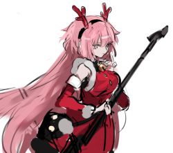 1girl 2017 anti-materiel_rifle antler_hairband antlers bag bare_shoulders bell big_hair black_bag black_hairband breasts collar detached_sleeves dress female_focus fur-trimmed_dress fur_trim girls&#039;_frontline gun hair_between_eyes hairband holding horns long_hair neck_bell ntw-20_(girls&#039;_frontline) ntw-20_(xmas_reindeer)_(girls&#039;_frontline) official_alternate_costume pink_eyes pink_hair ran_(bukeranwu) red_sleeves reindeer_antlers rifle santa_costume santa_dress shoulder_bag sideboob simple_background sleeveless sleeveless_sweater sniper_rifle solo sweater sweater_dress two-tone_dress two-tone_hairband very_long_hair weapon white_background