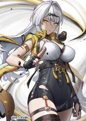 1girl artofmiin asymmetrical_gloves bird black_bird black_gloves black_shorts breasts closed_mouth commentary cowboy_shot fingerless_gloves gloves hair_ornament hairclip high-waist_shorts highres jacket large_breasts long_hair looking_to_the_side shorts solo symbol-only_commentary white_background white_hair yellow_eyes yellow_jacket yi_xuan_(zenless_zone_zero) zenless_zone_zero