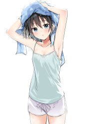 Rule 34 | 1girl, armpits, black hair, blue eyes, blush, breasts, cac itinose, camisole, cleavage, collarbone, commentary request, cowboy shot, dolphin shorts, grey camisole, highres, looking at viewer, original, parted lips, short shorts, shorts, simple background, small breasts, solo, towel, towel on head, wet, wet hair, white background, white shorts