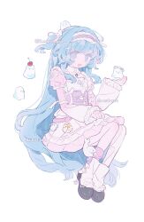 1girl blue_eyes blue_hair bow double_bun dress frills full_body hair_bun hair_ornament hairband highres long_hair long_sleeves memuro original puffy_sleeves shoes sitting socks twitter_username two_side_up white_background white_socks