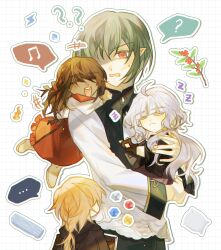 2boys 2girls absurdres age_difference aged_down cowenna eochaid_(mabinogi) highres hug loiscneach_(mabinogi) mabinogi multiple_boys multiple_girls pmnnpi rowan_(mabinogi) simple_background sleeping