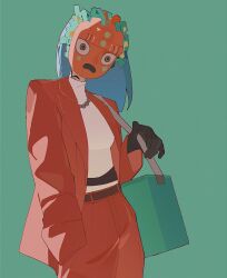 Rule 34 | 1girl, bead necklace, beads, belt, black hand, black mouth, blue hair, brown belt, carrying bag, coat, copyright request, cowboy shot, film grain, green background, green bag, harness, highres, holding strap, jewelry, joosibi, leaning back, long hair, long sleeves, looking at viewer, mask, neck tattoo, necklace, oni mask, oversized clothes, pants, red coat, red eyes, red mask, red pants, shoulder strap, simple background, solo, standing, straight hair, sweater, tattoo, turtleneck, turtleneck sweater, white sweater