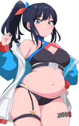 Rule 34 | 1girl, :&lt;, alternate body size, alternate costume, belly, black bra, black garter belt, black garter straps, black hair, black panties, blue eyes, bow, bra, breasts, commentary, crustacean crab, garter belt, garter straps, gridman (character), gridman universe, hair bow, high ponytail, highres, jacket, long hair, long sleeves, looking at viewer, medium breasts, navel, open clothes, open jacket, panties, plump, ponytail, racing suit, solo, ssss.gridman, takarada rikka, takarada rikka (solarain toys), thick thighs, thighs, underwear, weight gain