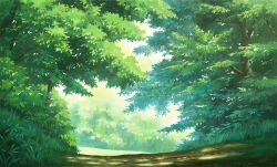commentary_request dappled_sunlight day forest grass hariken highres nature no_humans original outdoors painting_(medium) scenery sunlight traditional_media tree