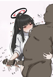 Rule 34 | 1boy, 1girl, absurdres, aremen, bar censor, black hair, blue archive, blunt bangs, blush, censored, clothed female nude male, dark-skinned male, dark skin, empty eyes, faceless, faceless male, halo, handjob, heart, hetero, highres, large penis, licking, licking nipple, long hair, navel, nipple stimulation, nude, penis, ponytail, red eyes, reverse nursing handjob, ribbed sweater, rio (blue archive), saliva, sleeves rolled up, sweat, sweater, testicles, tongue, tongue out, turtleneck, turtleneck sweater, very long hair, white sweater