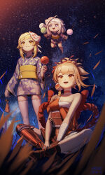 3girls absurdres alternate_costume bandaged_wrist bandages bare_shoulders blonde_hair chest_sarashi closed_mouth commentary_request dango dated floating food genshin_impact grey_hair hair_ornament highres holding holding_candy_apple holding_food holding_kinchaku indian_style kinchaku looking_afar lumine_(genshin_impact) multiple_girls night night_sky obi on_grass open_mouth orange_eyes orange_hair paimon_(genshin_impact) pouch sarashi sash sitting sky smile standing star_(sky) starry_sky starsd thighhighs wagashi white_thighhighs yellow_eyes yellow_sash yoimiya_(genshin_impact)