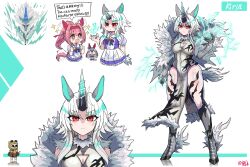 +_+ 3girls :o absurdres animal_ears artist_name bow bowtie breasts cleavage cleavage_cutout clothing_cutout commentary covered_navel dress ear_wiggle electricity english_text felyne fur-trimmed_dress fur_trim grey_dress haru_urara_(umamusume) headband highres hooves horns horse_ears horse_girl horse_tail kirin_(monster_hunter) koshou_shou_mitsu light_blush monster_hunter_(series) multiple_girls multiple_views open_mouth pelvic_curtain personification pink_eyes pink_hair player_palico ponytail purple_bow purple_bowtie purple_shirt red_eyes school_uniform serafuku shaded_face shirt short_sleeves sidelocks single_horn skirt summer_uniform surprised tail tail_wagging tamamo_cross_(umamusume) tracen_school_uniform umamusume unicorn_horn white_hair white_skirt