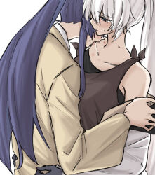 2girls bare_shoulders blush brown_jacket brown_tank_top bruise bruise_on_neck commentary hand_on_another&#039;s_arm high_ponytail honkai_(series) honkai_impact_3rd injury jacket kiana_kaslana kiss kissing_neck long_hair long_sleeves multiple_girls ponytail purple_hair raiden_mei simple_background sweat syonosuke9573 tank_top very_long_hair white_background white_hair yuri