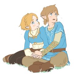 1boy 1girl 55bata6rou belt black_pants blonde_hair blue_eyes blue_shirt blush boots braid brown_belt brown_boots brown_pants closed_mouth crown_braid flying_sweatdrops full_body grass highres link long_sleeves looking_at_another looking_to_the_side nintendo open_mouth pants pointy_ears ponytail princess_zelda shirt short_hair simple_background sitting smile the_legend_of_zelda the_legend_of_zelda:_tears_of_the_kingdom white_background