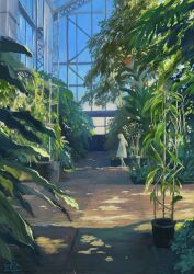 1girl absurdres barefoot blue_sky colored_skin commentary_request dappled_sunlight day dress faceless faceless_female from_side greenhouse highres indoors long_hair original plant potted_plant scenery sidelighting signature sky solo sugita_magari sunlight tree walking white_dress white_hair white_skin wide_shot