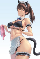 Rule 34 | 1girl, absurdres, animal ears, apron, bikini, breasts, brown eyes, brown hair, cat ears, cat tail, commentary request, duster, fake animal ears, fake tail, frilled thigh strap, highres, holding, holding duster, kaga (kancolle), kantai collection, kokuzou, large breasts, light frown, long hair, looking at viewer, maid, maid apron, maid bikini, maid headdress, navel, side ponytail, solo, swimsuit, tail, thigh strap, unconventional maid