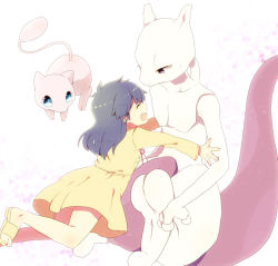 1girl amber_(pokemon) ambertwo_(pokemon) bad_id bad_pixiv_id black_hair blue_eyes closed_eyes dress feet gen_1_pokemon hug iyo_(kirakirahoshi) legendary_pokemon mew_(pokemon) mewtwo mythical_pokemon nintendo open_mouth pokemon pokemon:_the_first_movie_-_mewtwo_strikes_back pokemon_(anime) pokemon_(classic_anime) pokemon_(creature) smile