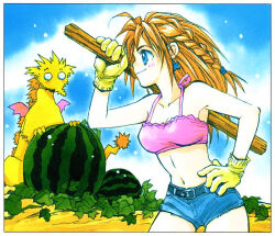 1girl belt black_belt blue_eyes blue_shorts border braid brown_hair closed_mouth comiket commentary_request cropped_shirt denim denim_shorts dragon food fruit gloves hand_on_own_hip leaf long_hair midriff mukai_natsumi navel original outdoors pink_shirt shirt shorts suikawari traditional_media watermelon white_border yellow_gloves
